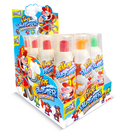 Ein Display mit sechs Flaschen "Fire Blaster Foam" Spielzeug, bunte Deckel und comicartige Grafiken.